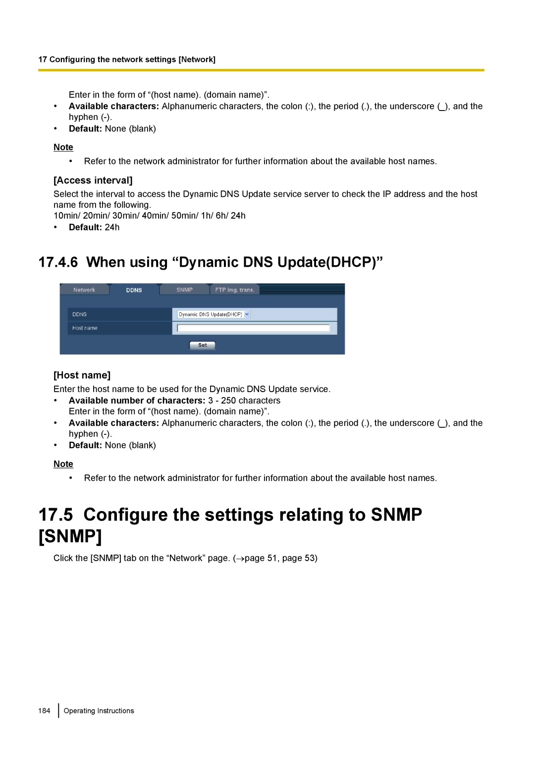 Panasonic WV-SF438E Configure the settings relating to Snmp Snmp, When using Dynamic DNS UpdateDHCP 