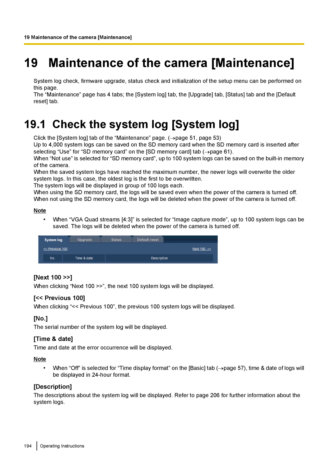 Panasonic WV-SF438 Maintenance of the camera Maintenance, Check the system log System log, Next, Previous, Description 