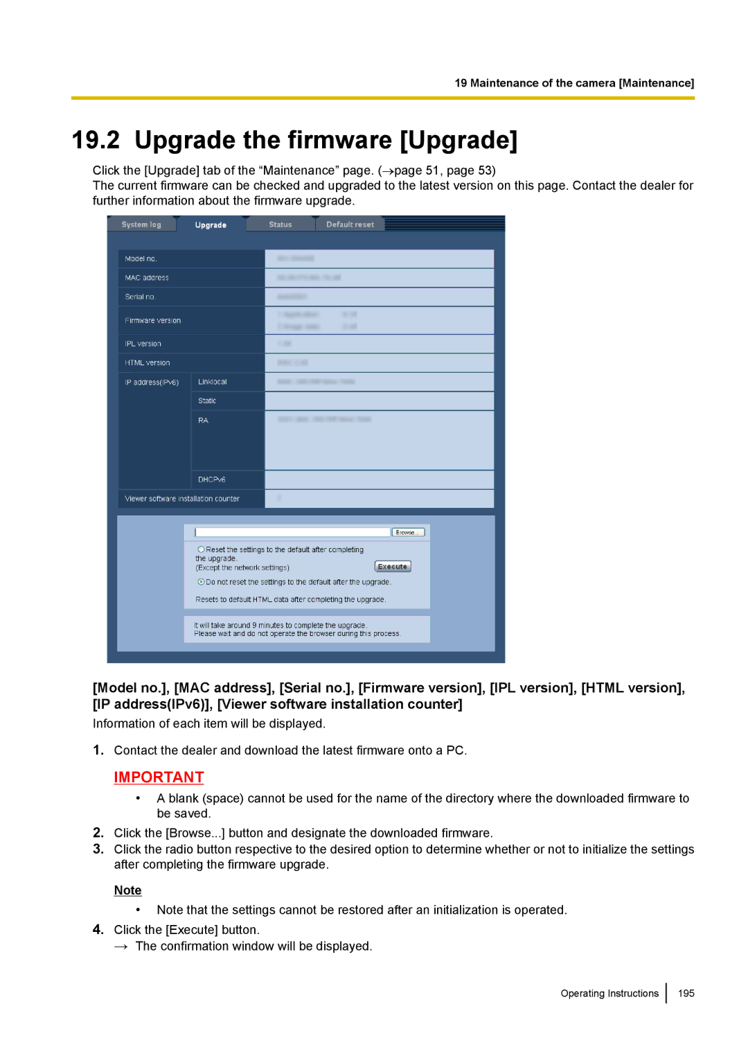 Panasonic WV-SF438E operating instructions Upgrade the firmware Upgrade 