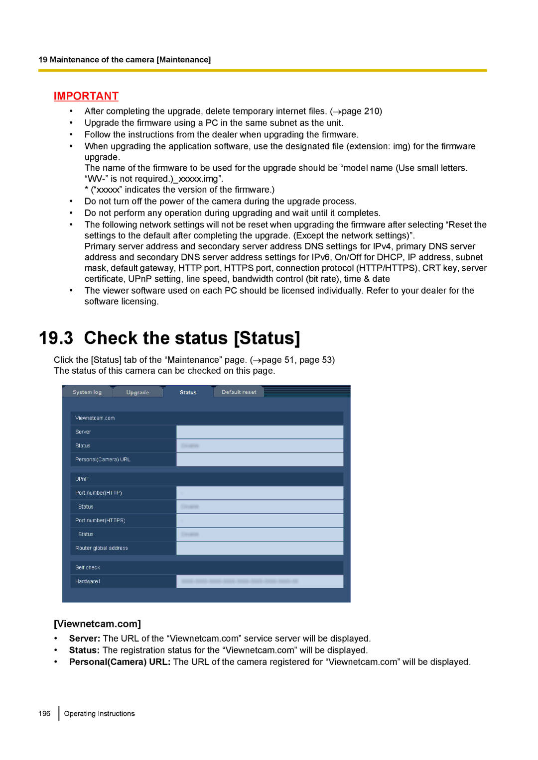 Panasonic WV-SF438E operating instructions Check the status Status, Viewnetcam.com 