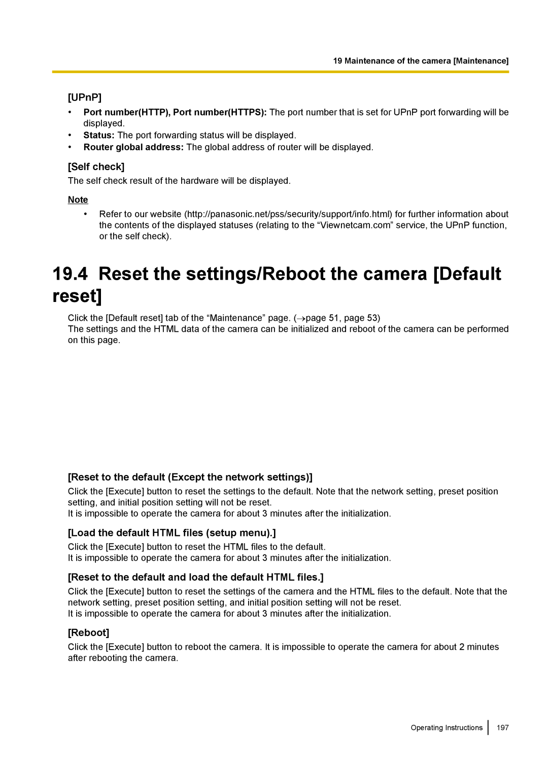 Panasonic WV-SF438E operating instructions Reset the settings/Reboot the camera Default reset 