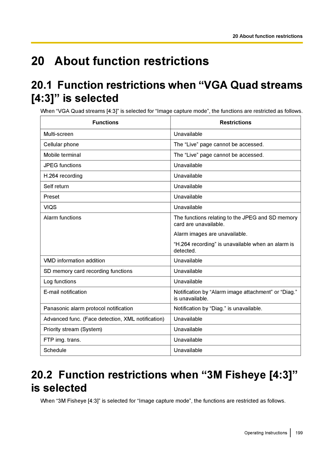 Panasonic WV-SF438E About function restrictions, Function restrictions when VGA Quad streams 43 is selected 