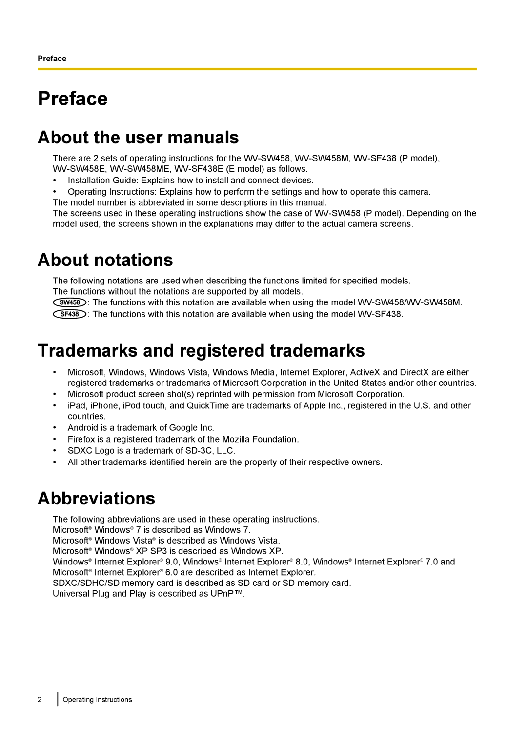 Panasonic WV-SF438E operating instructions Preface, About notations, Trademarks and registered trademarks, Abbreviations 