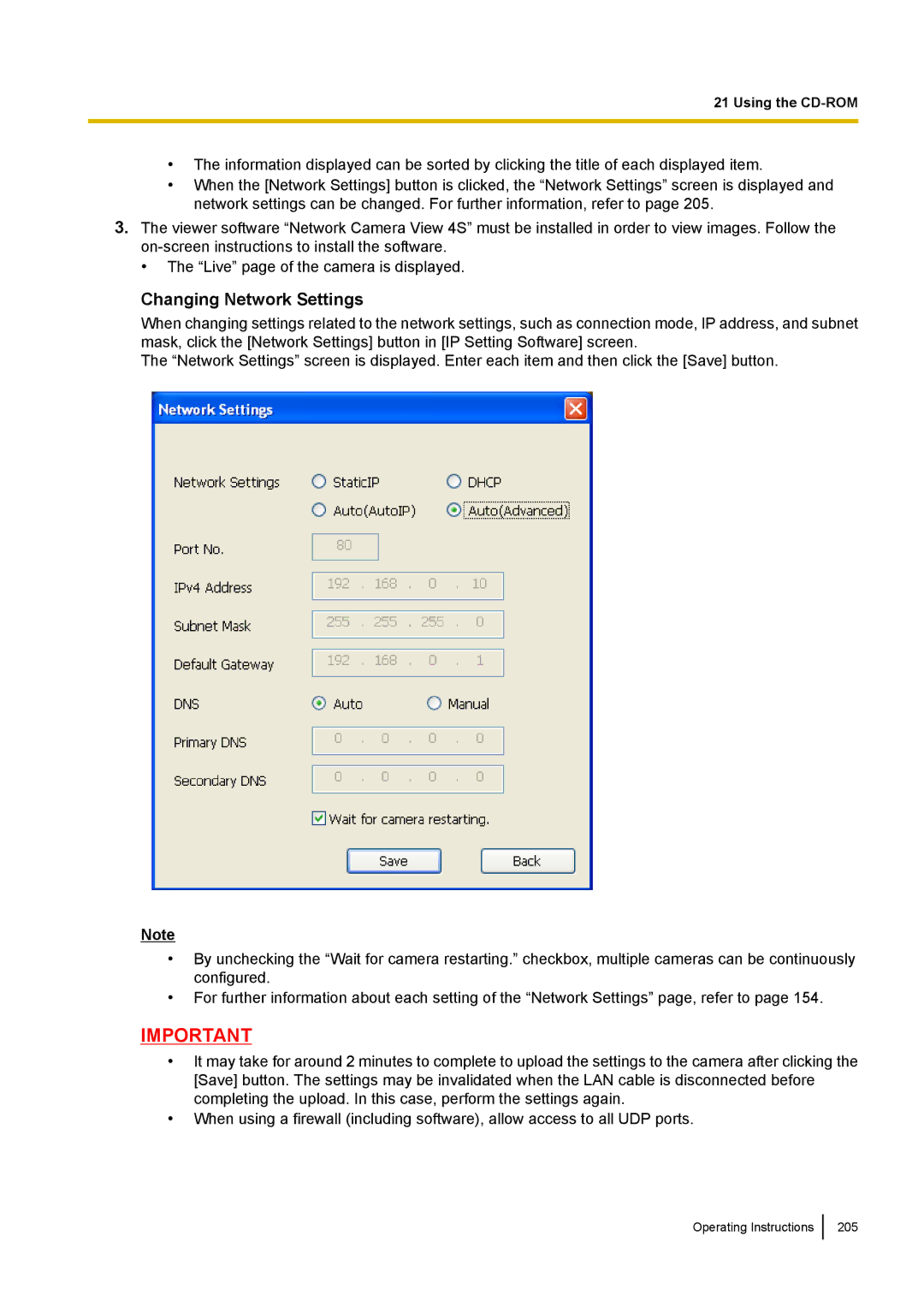 Panasonic WV-SF438E operating instructions Changing Network Settings 