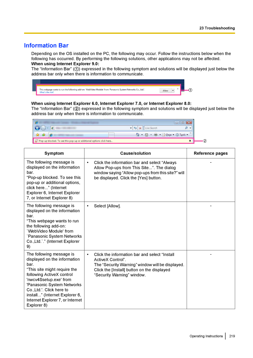 Panasonic WV-SF438E operating instructions Information Bar, When using Internet Explorer 