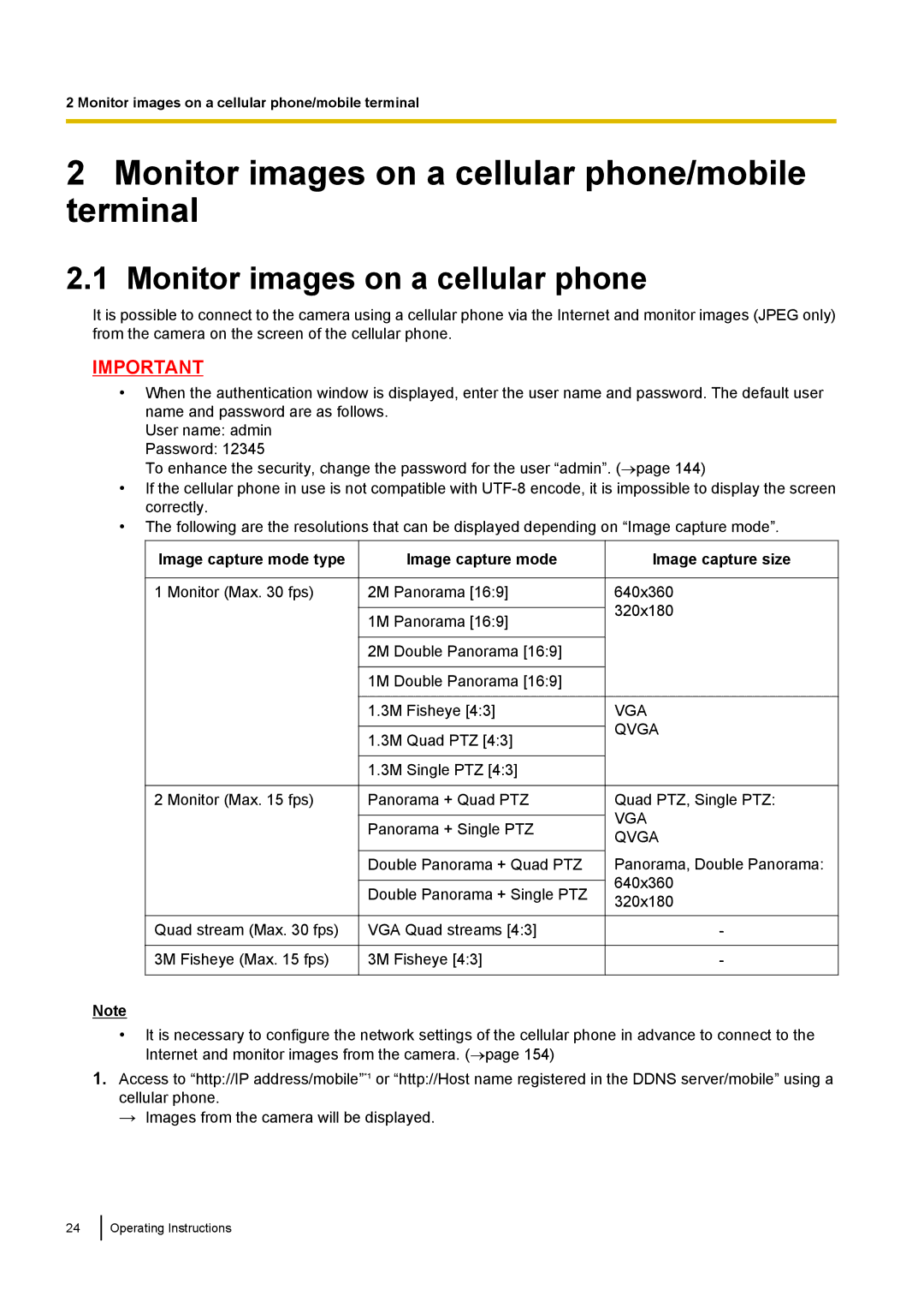 Panasonic WV-SF438E operating instructions Monitor images on a cellular phone/mobile terminal, Image capture size 