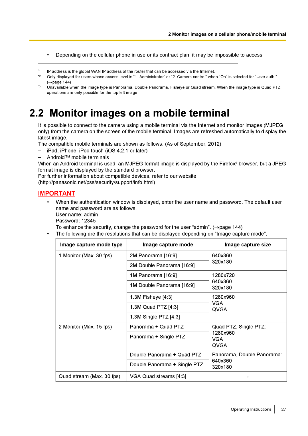 Panasonic WV-SF438E operating instructions Monitor images on a mobile terminal, Image capture mode type 