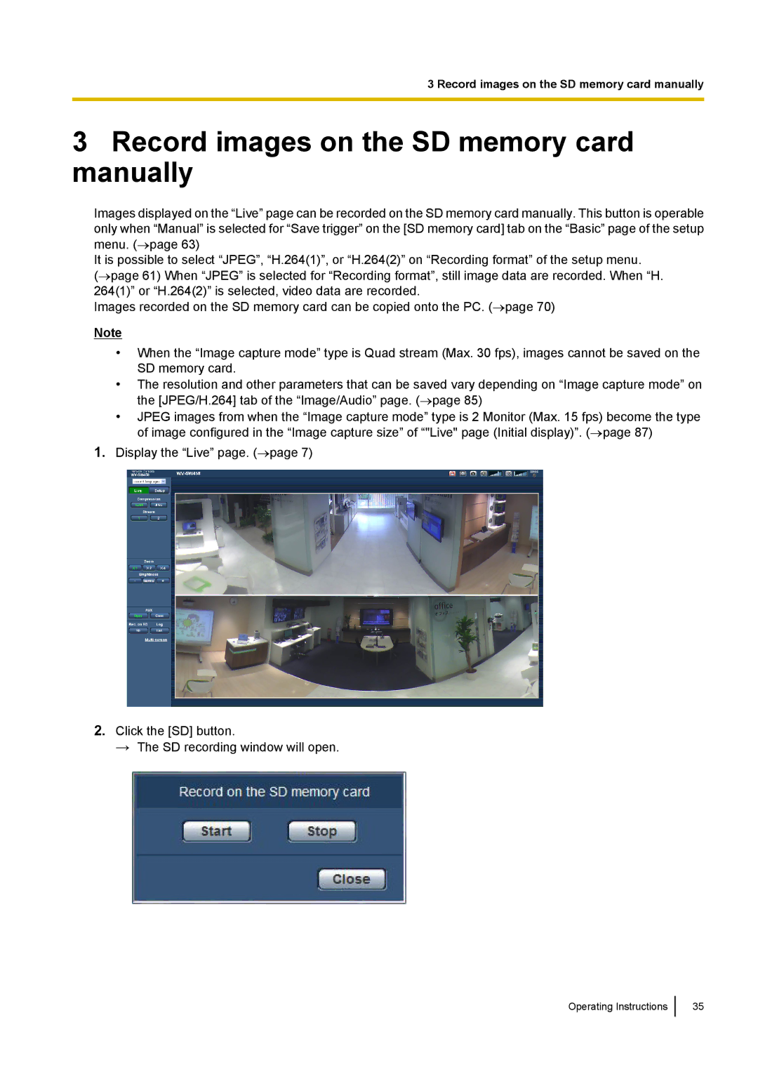 Panasonic WV-SF438E operating instructions Record images on the SD memory card manually 