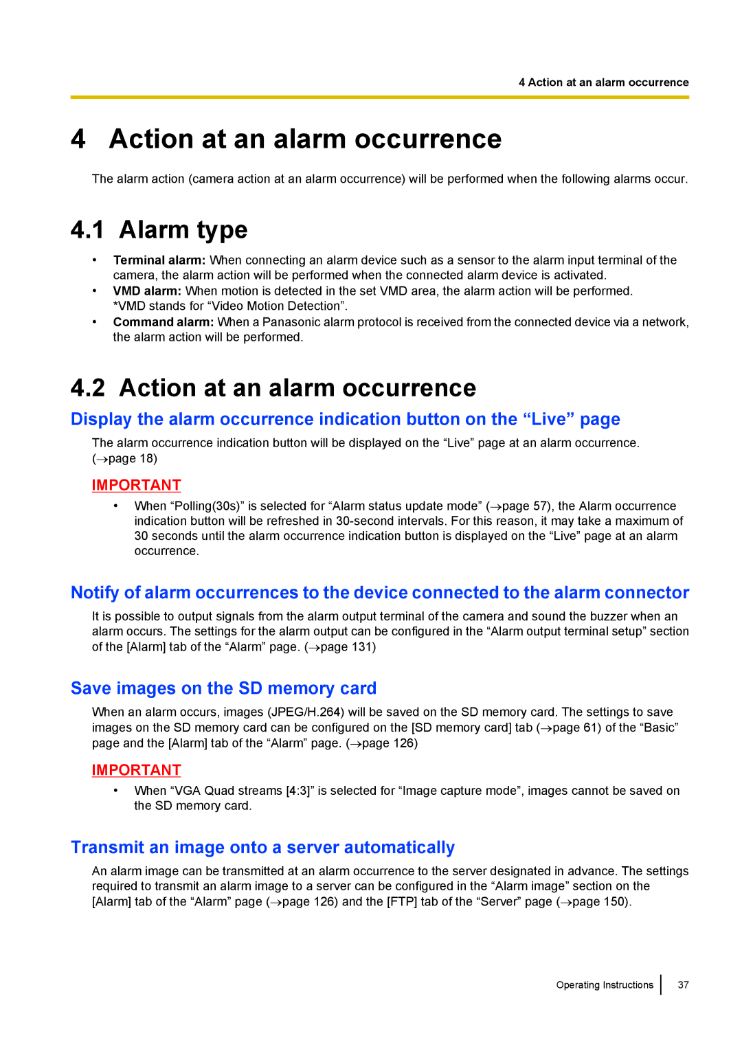 Panasonic WV-SF438E operating instructions Action at an alarm occurrence, Alarm type 