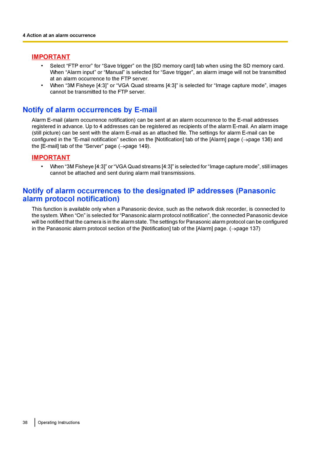 Panasonic WV-SF438E operating instructions Notify of alarm occurrences by E-mail 