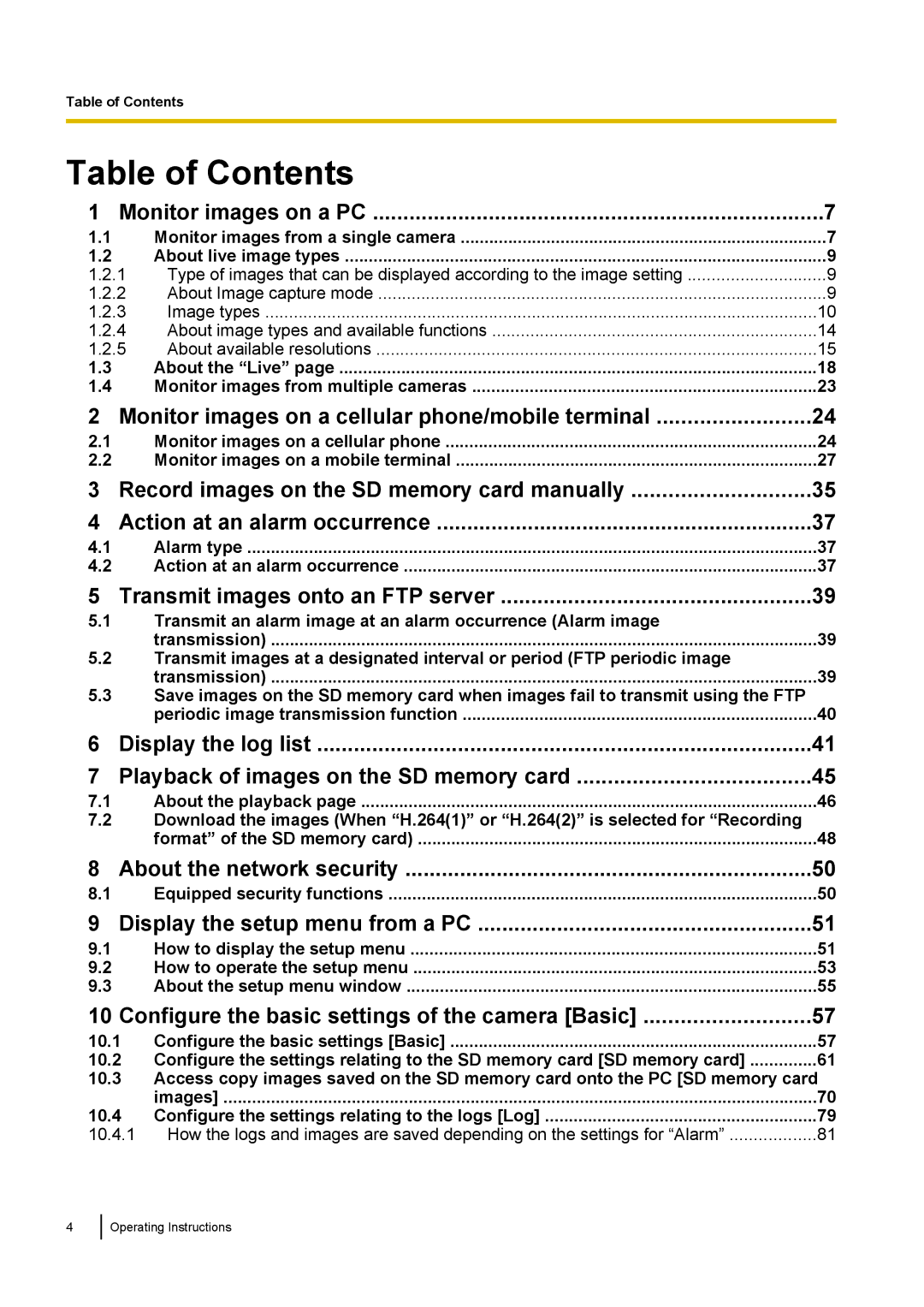 Panasonic WV-SF438E operating instructions Table of Contents 