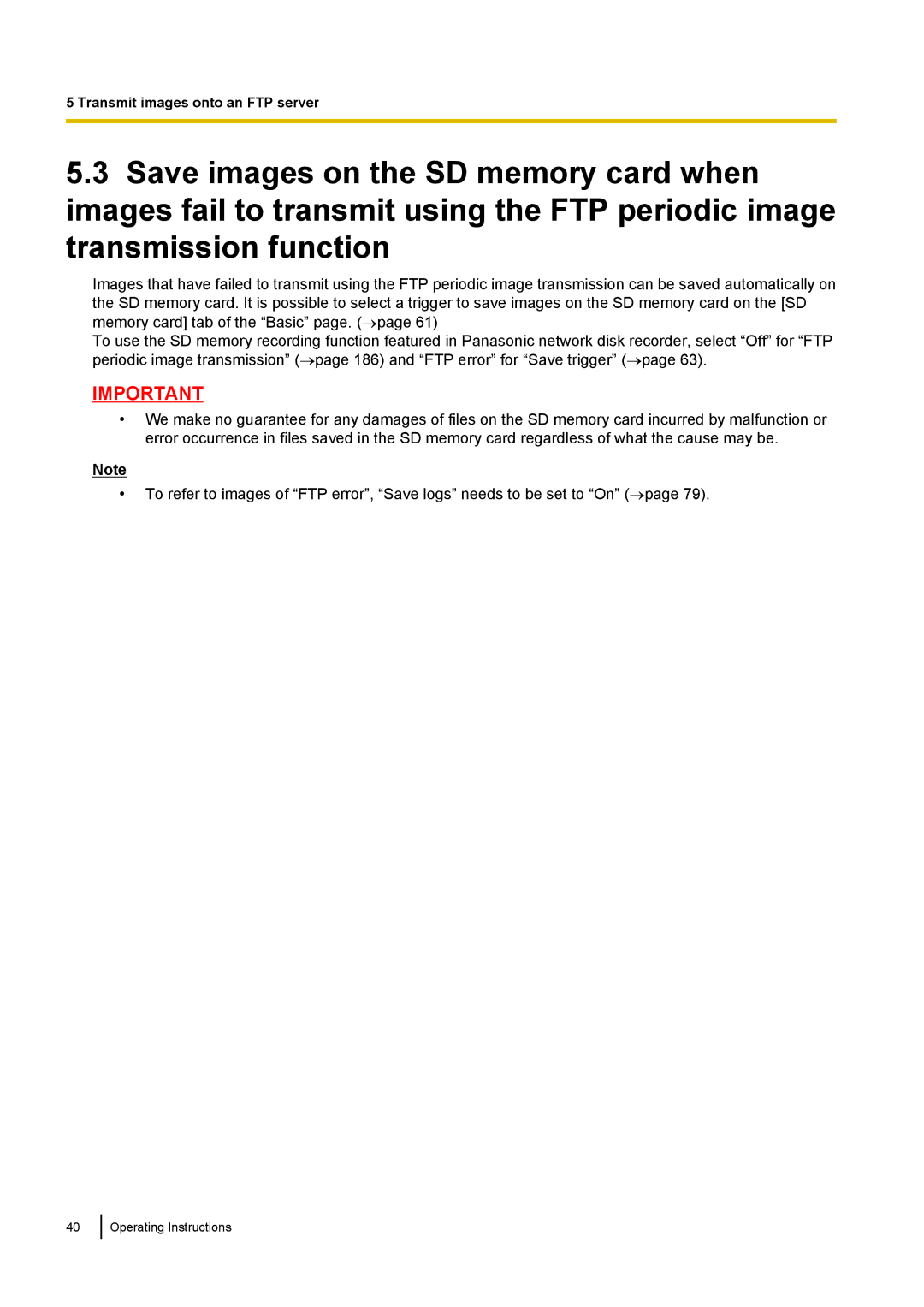 Panasonic WV-SF438E operating instructions Transmit images onto an FTP server 