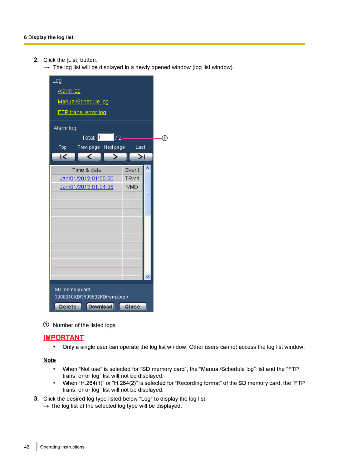 Panasonic WV-SF438E operating instructions Display the log list 