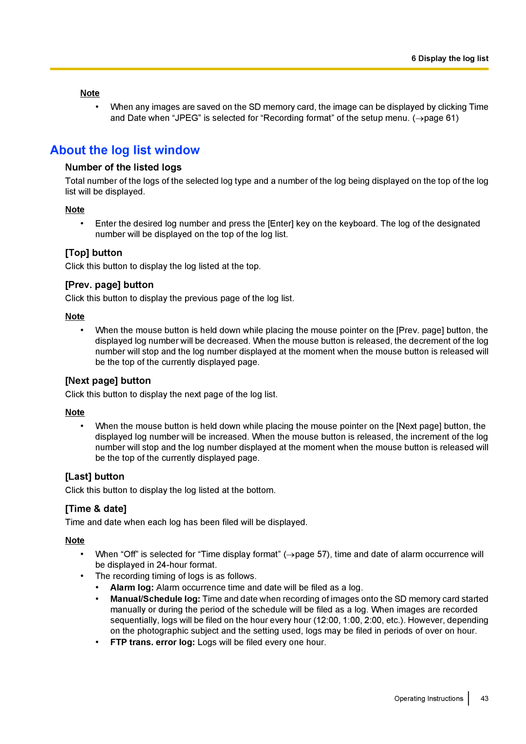 Panasonic WV-SF438E operating instructions About the log list window 