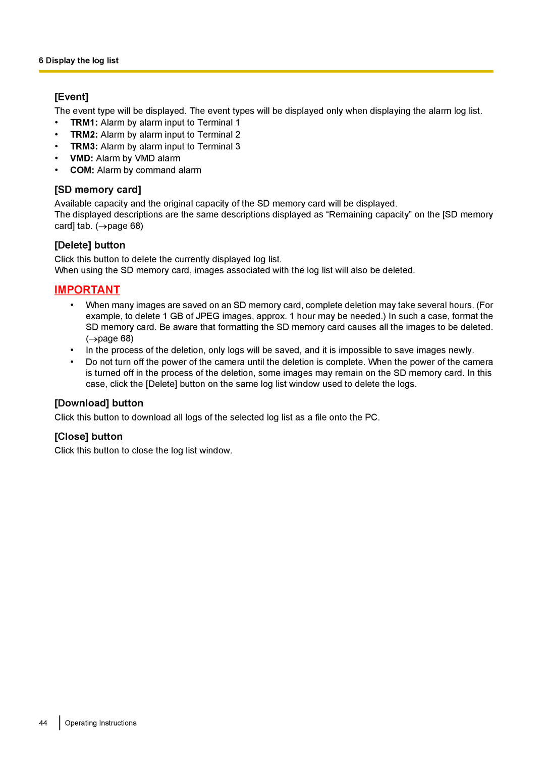 Panasonic WV-SF438E operating instructions Event, SD memory card, Delete button, Download button, Close button 