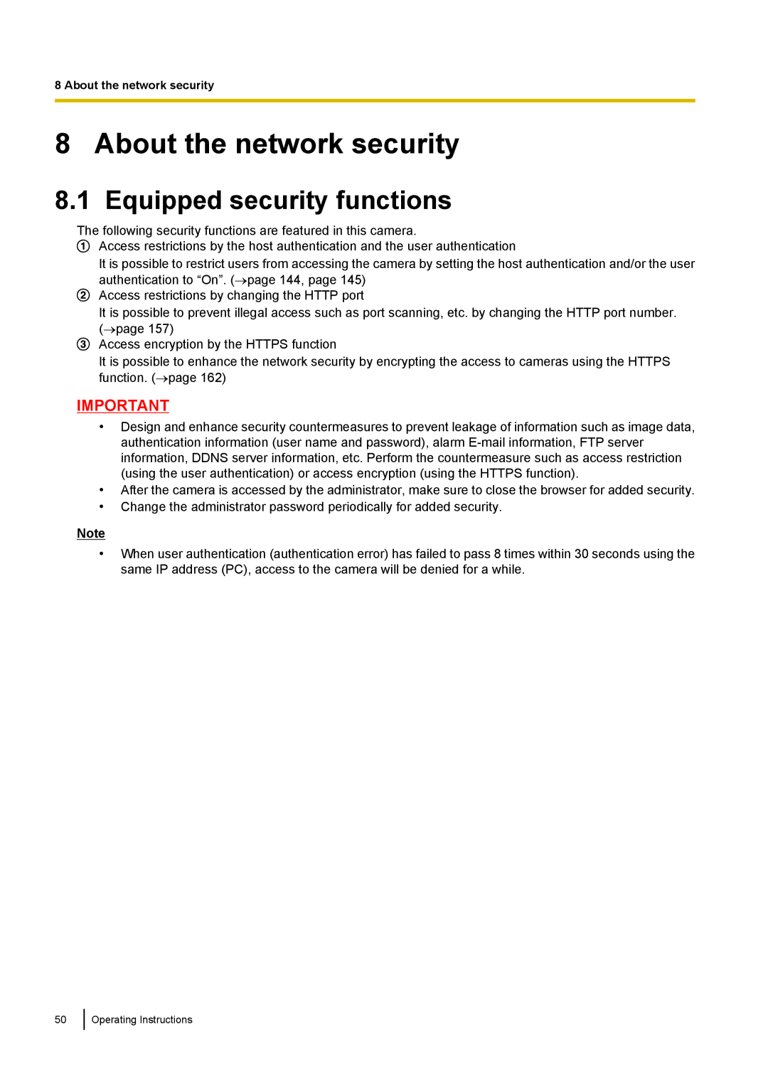 Panasonic WV-SF438E operating instructions About the network security, Equipped security functions 