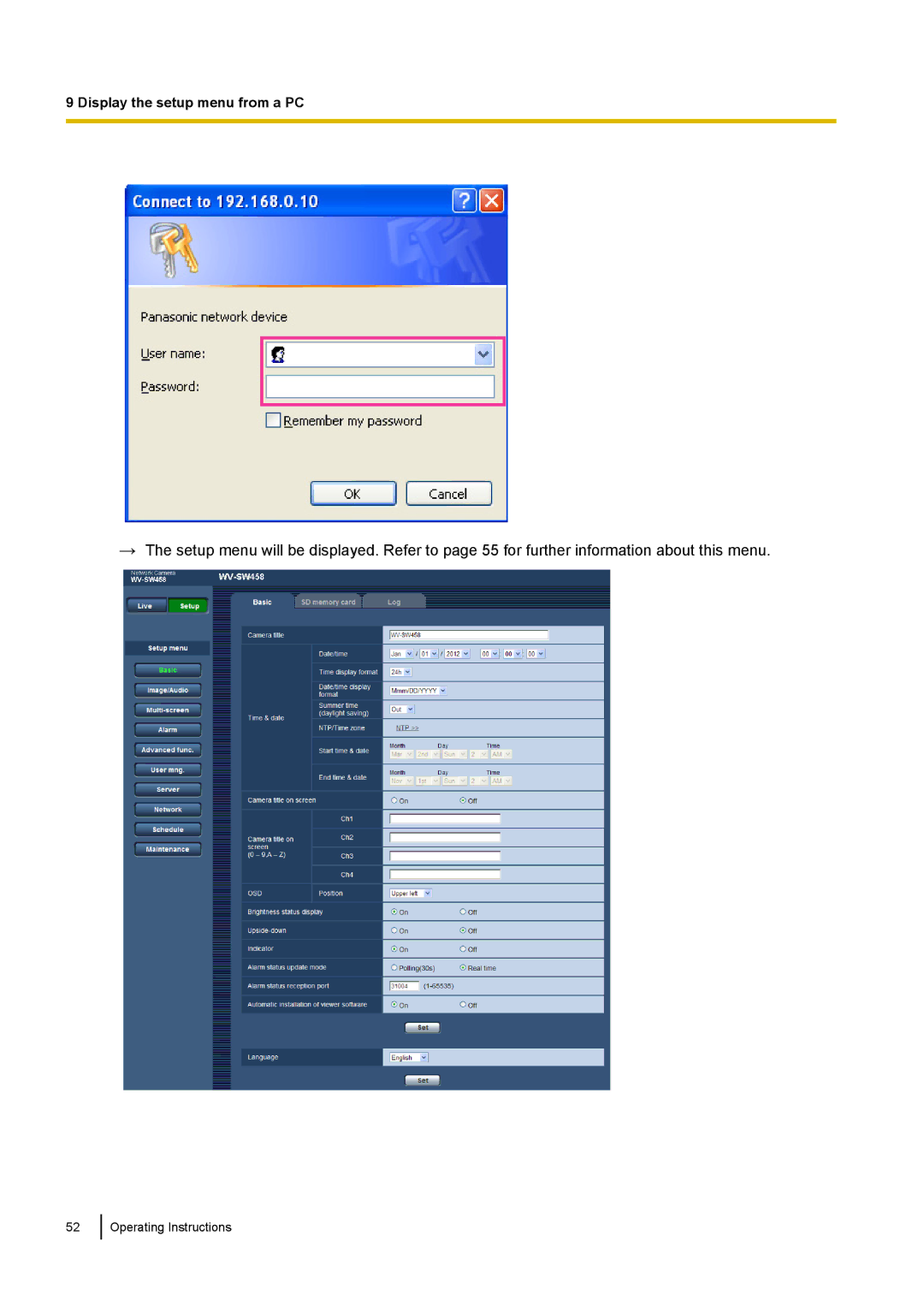 Panasonic WV-SF438E operating instructions Display the setup menu from a PC 