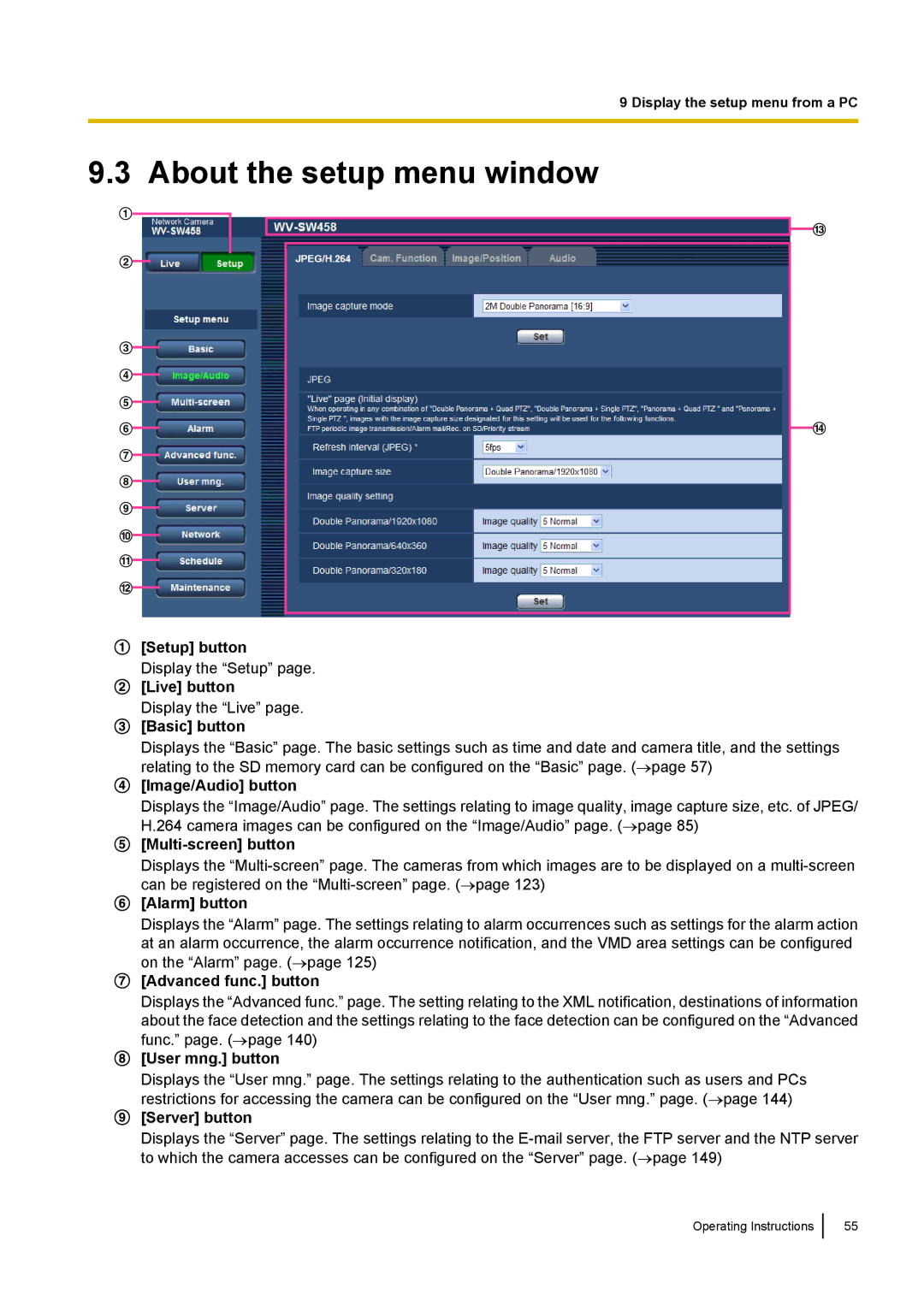 Panasonic WV-SF438E operating instructions About the setup menu window 