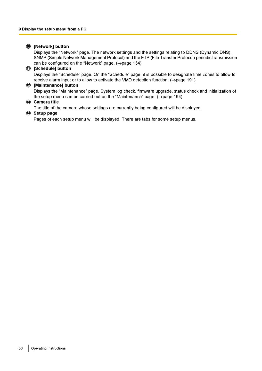 Panasonic WV-SF438E operating instructions Network button, Schedule button, Maintenance button, Setup 