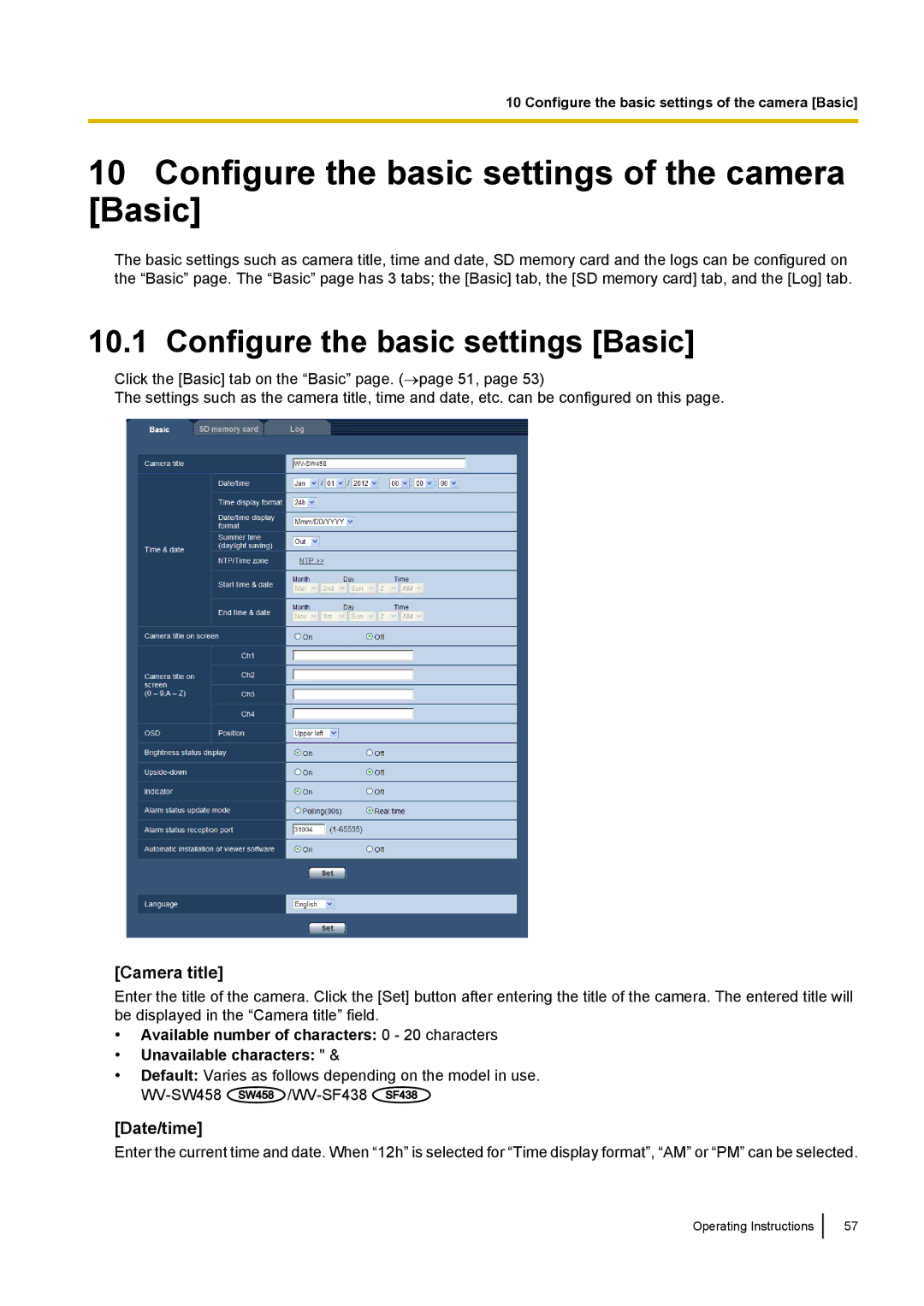 Panasonic WV-SF438E Configure the basic settings of the camera Basic, Configure the basic settings Basic, Camera title 