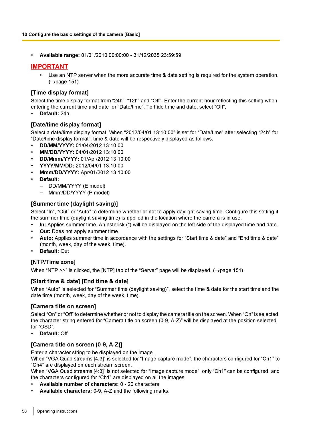 Panasonic WV-SF438E Time display format, Date/time display format, Summer time daylight saving, NTP/Time zone 