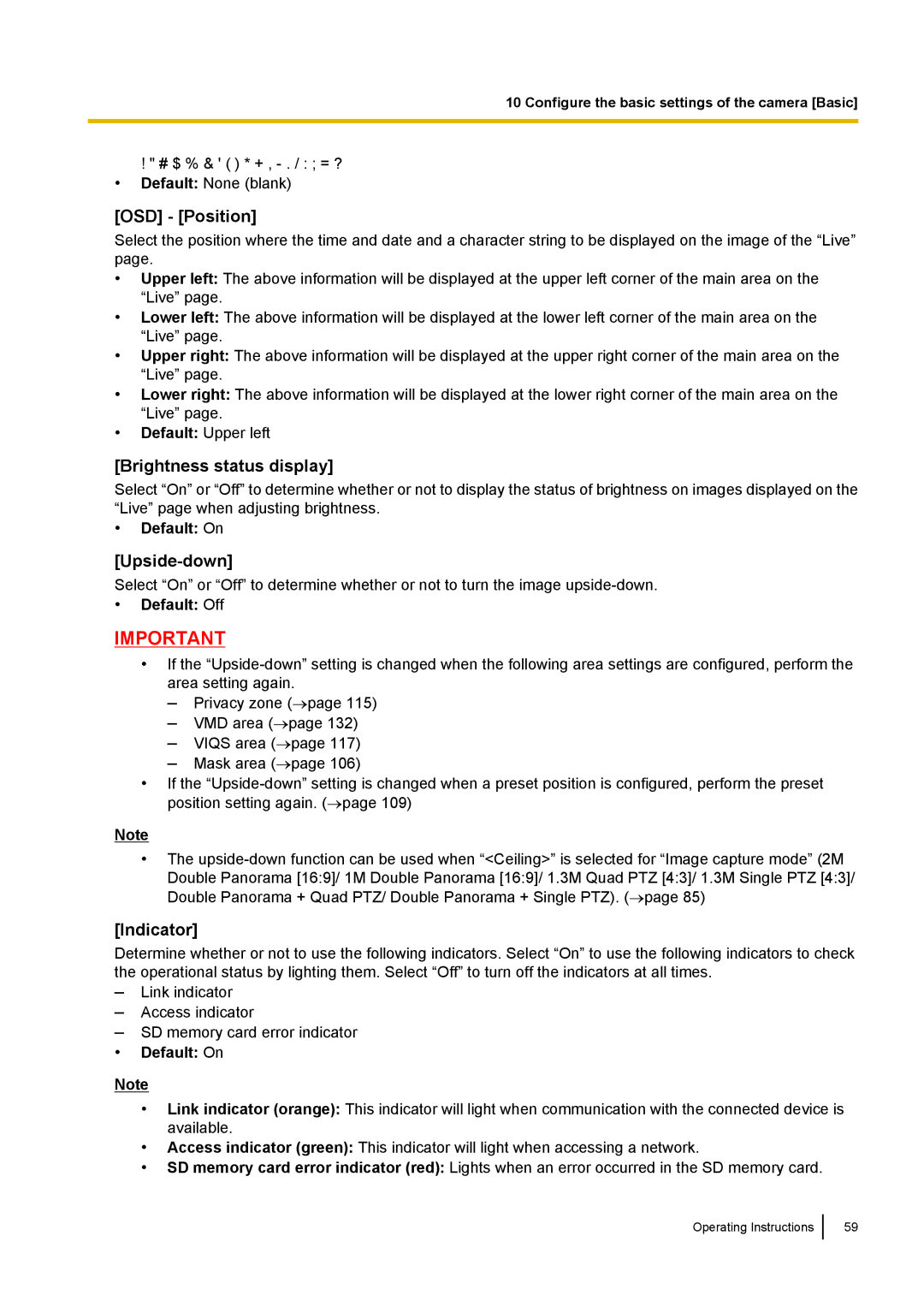 Panasonic WV-SF438E operating instructions OSD Position, Brightness status display, Upside-down, Indicator, Default On 