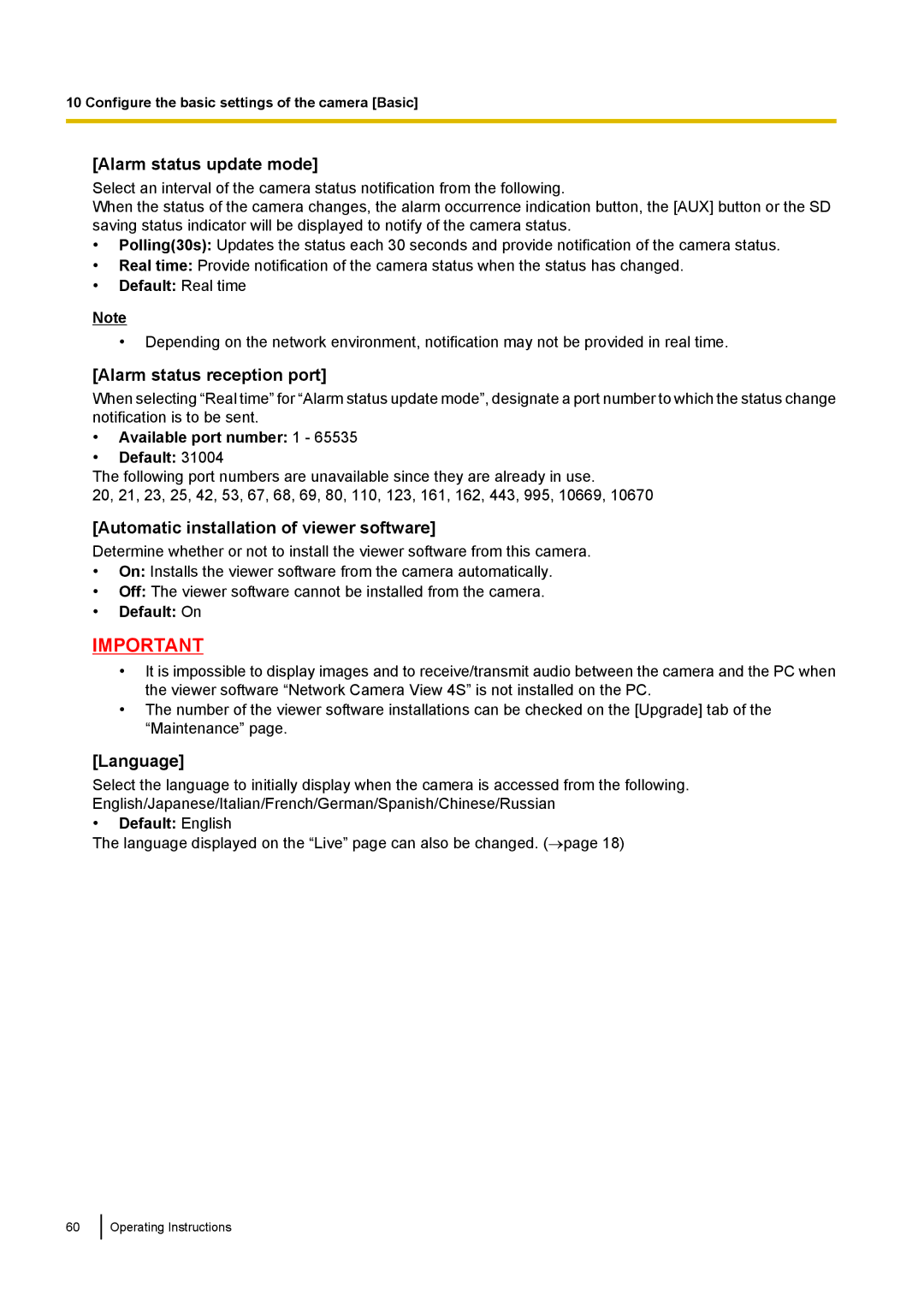 Panasonic WV-SF438 Alarm status update mode, Alarm status reception port, Automatic installation of viewer software 