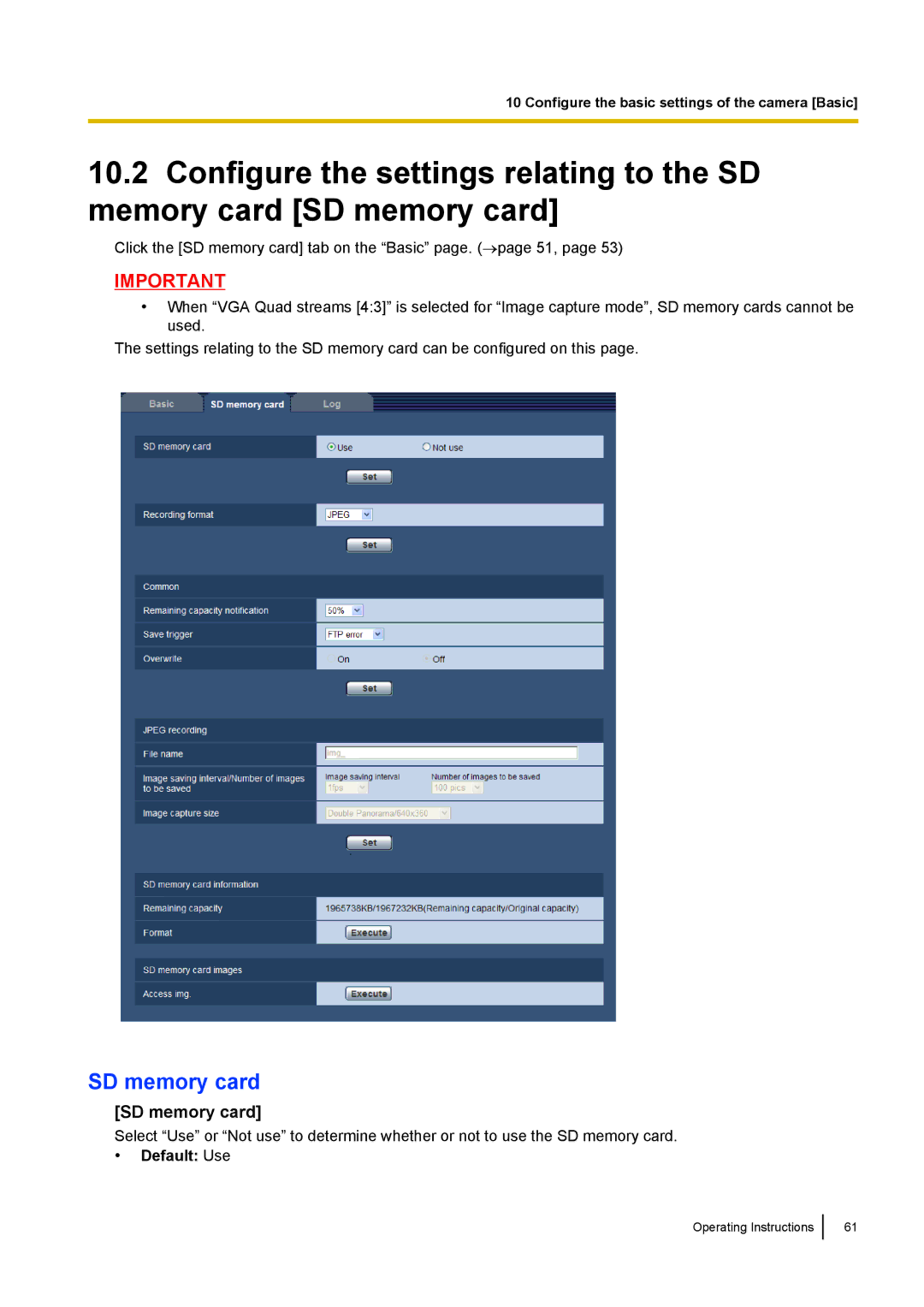 Panasonic WV-SF438E operating instructions SD memory card, Default Use 