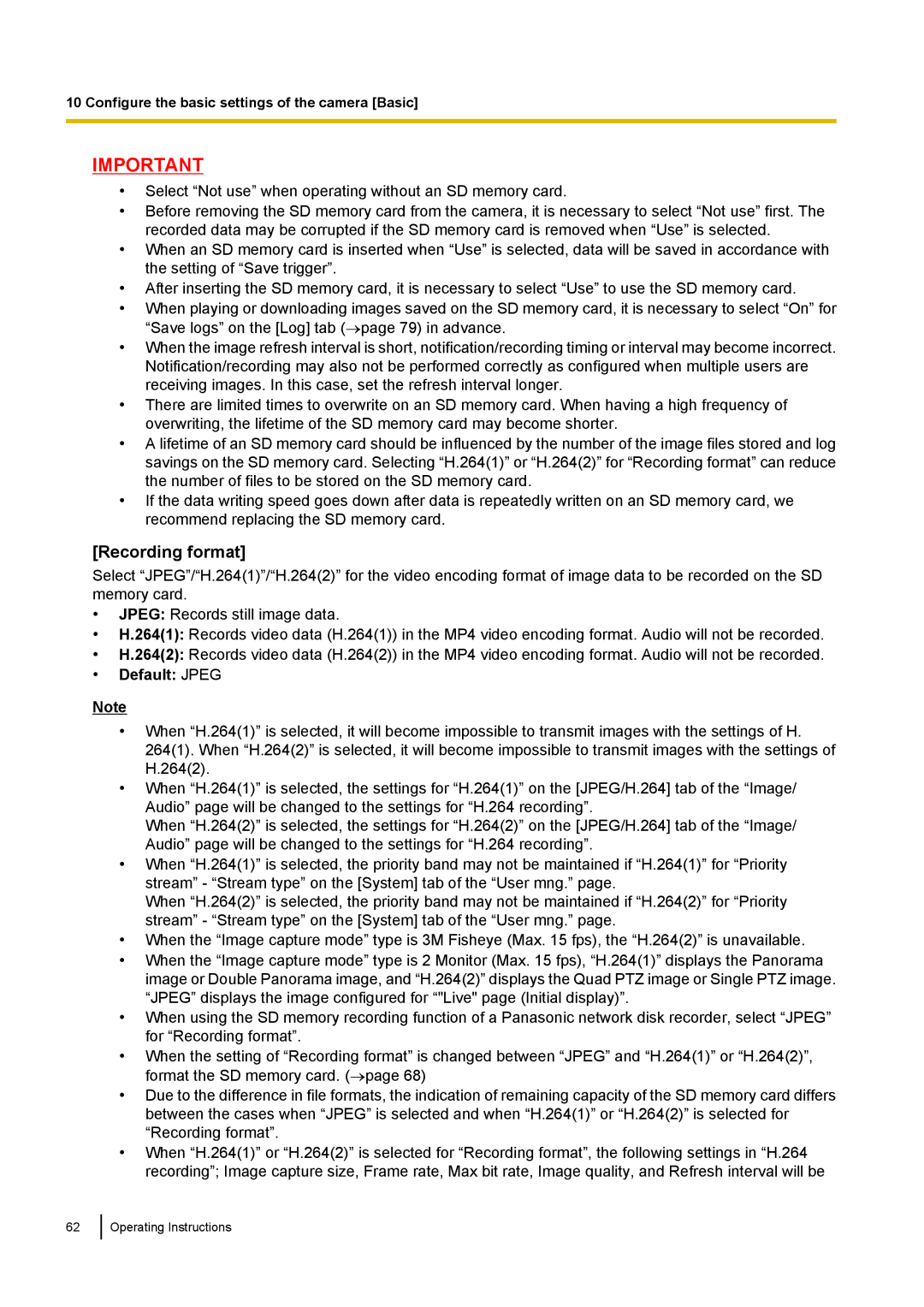 Panasonic WV-SF438E operating instructions Recording format, Default Jpeg 