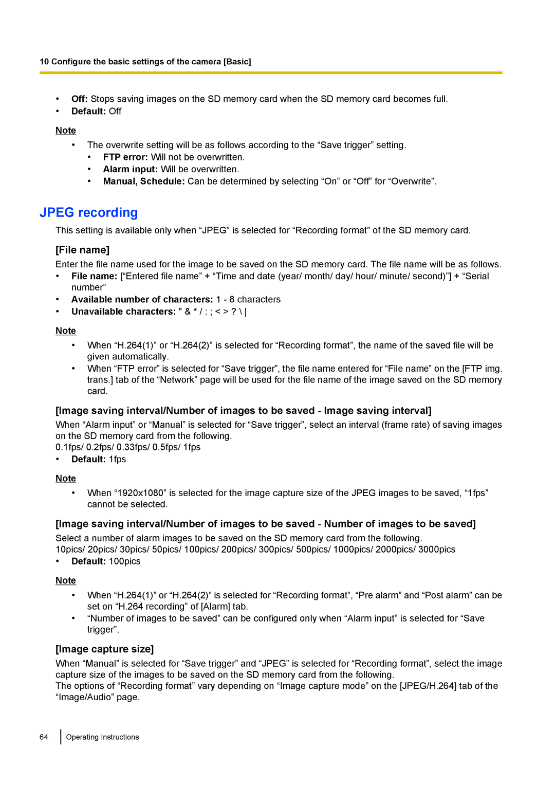 Panasonic WV-SF438E operating instructions Jpeg recording, File name, Image capture size, Default 1fps, Default 100pics 