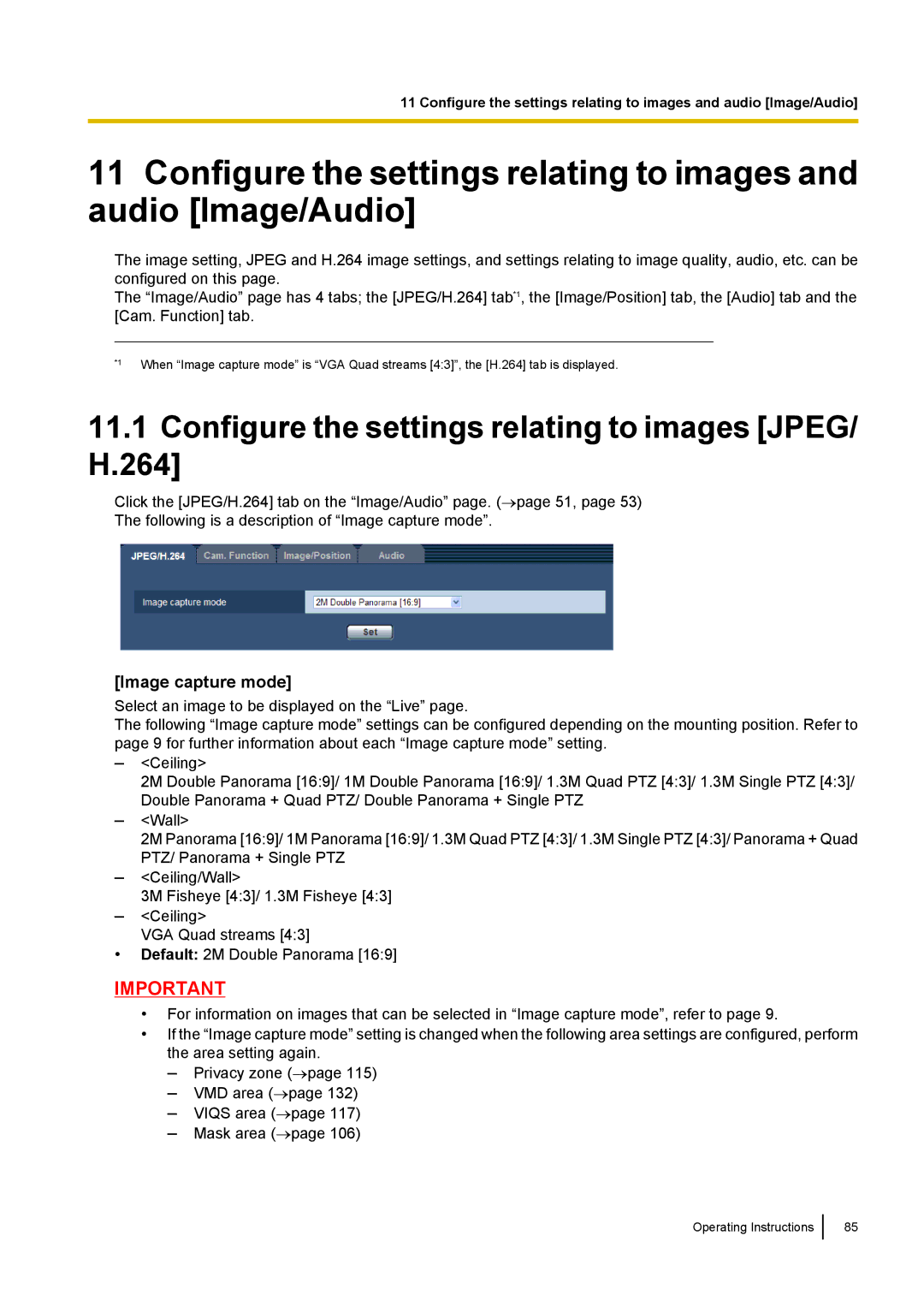 Panasonic WV-SF438E operating instructions Configure the settings relating to images JPEG/ H.264, Image capture mode 