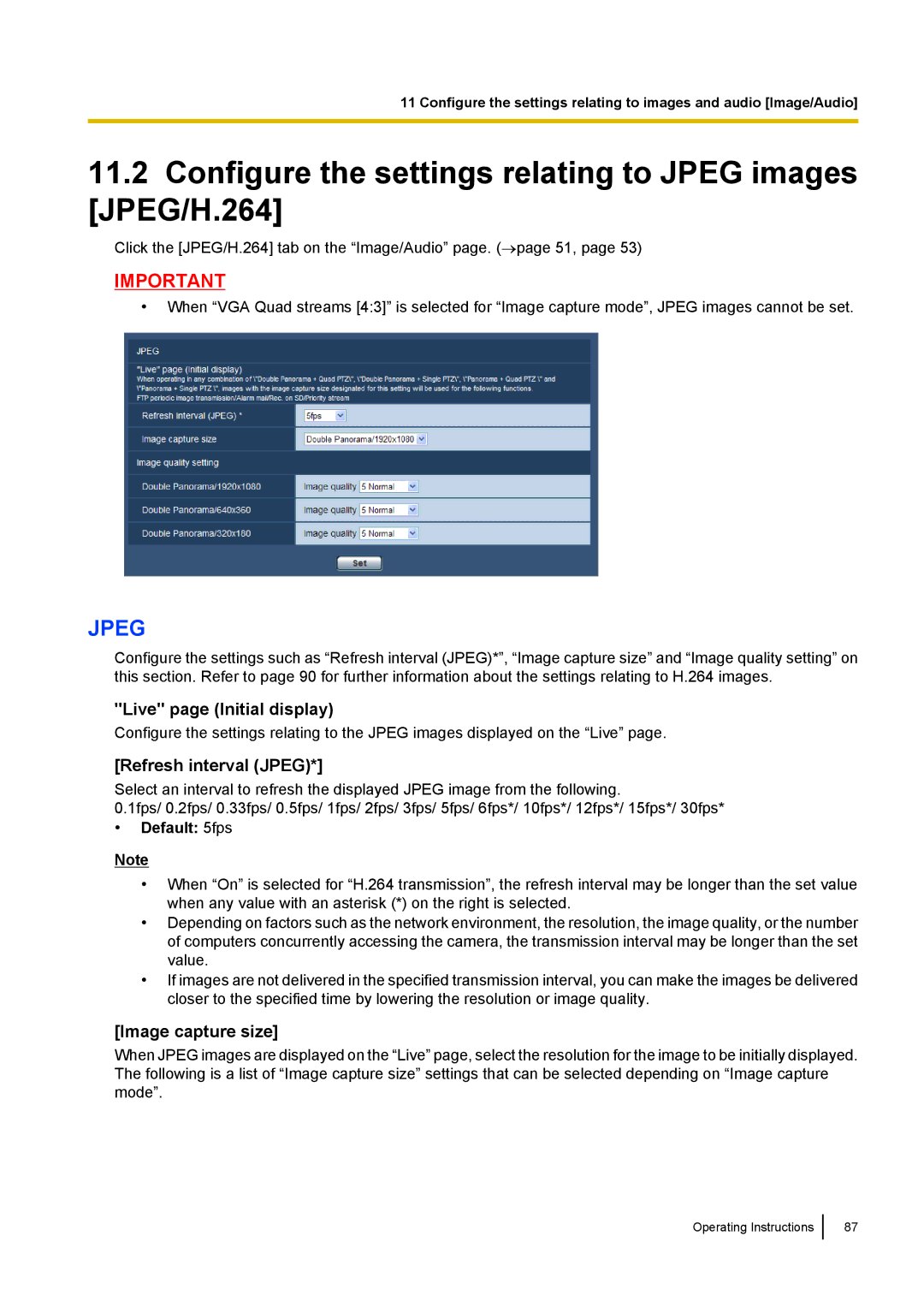 Panasonic WV-SF438E Configure the settings relating to Jpeg images JPEG/H.264, Live page Initial display, Default 5fps 