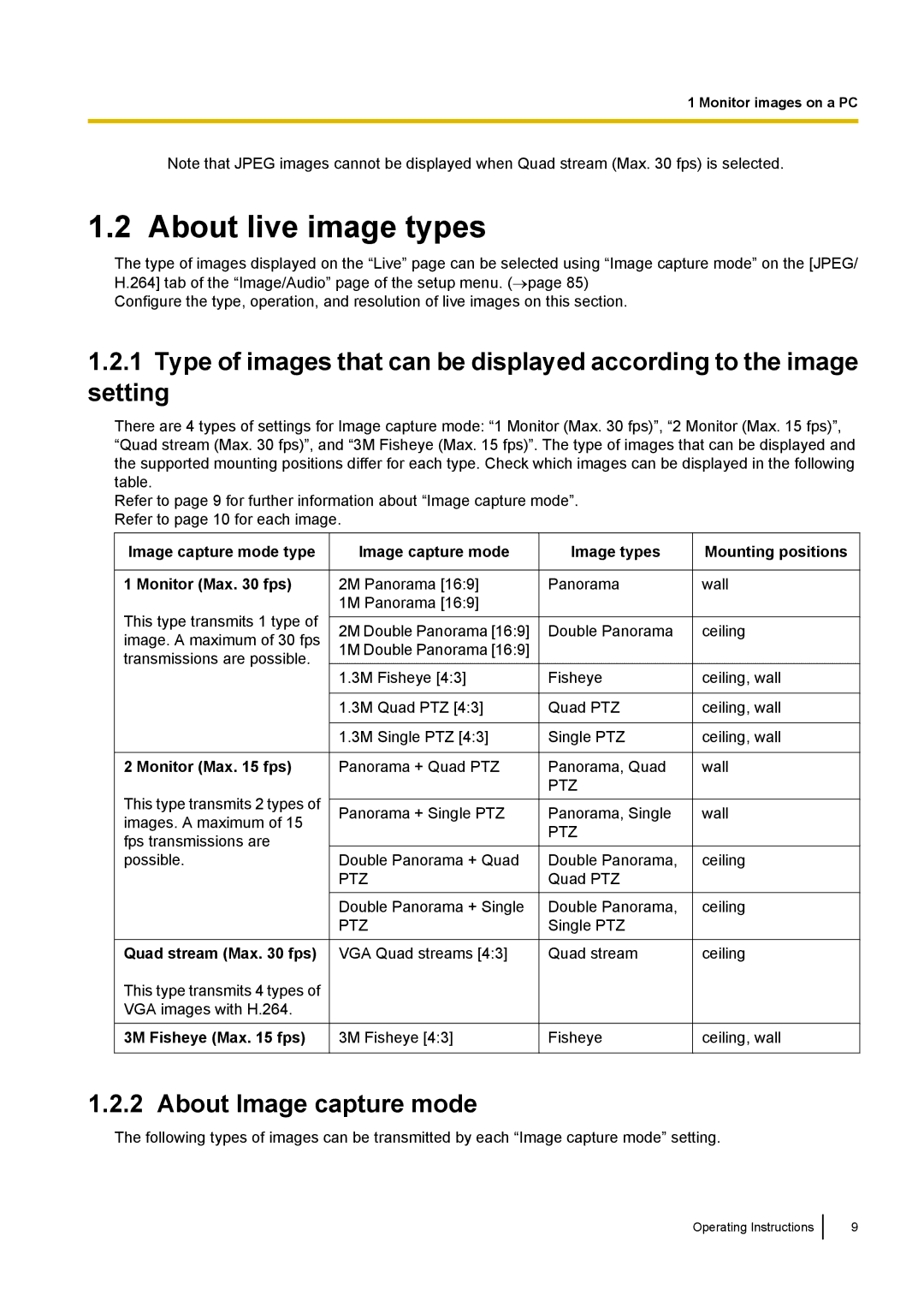 Panasonic WV-SF438E operating instructions About live image types, About Image capture mode 