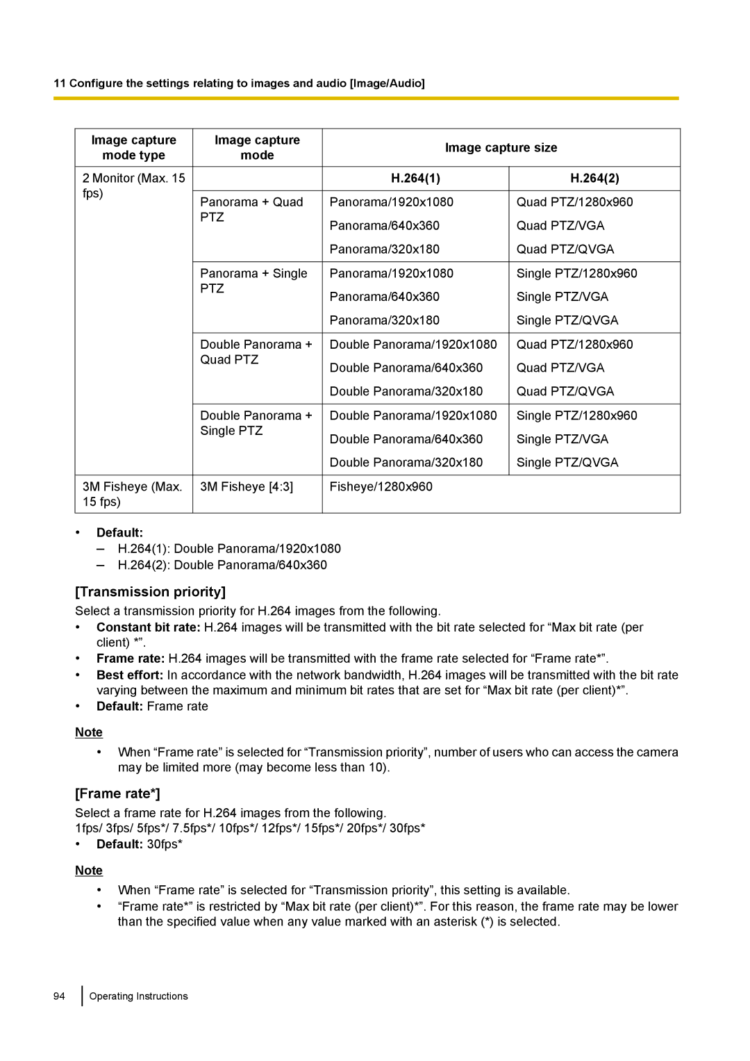 Panasonic WV-SF438E operating instructions Transmission priority, Image capture Image capture size Mode 2641 2642 