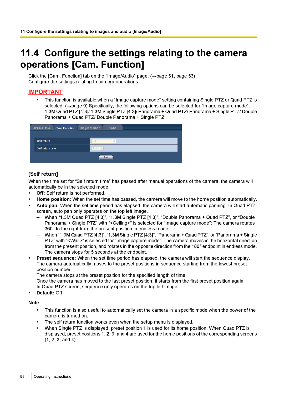 Panasonic WV-SF438E operating instructions Self return, Default Off 