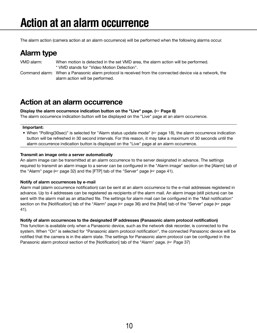 Panasonic WV-SP102, WV-SP105 Action at an alarm occurrence, Alarm type, Transmit an image onto a server automatically 