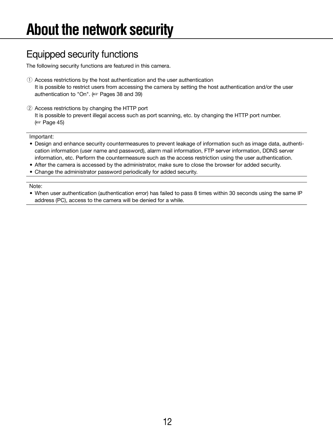 Panasonic WV-SP105E, WV-SP102E operating instructions About the network security, Equipped security functions 