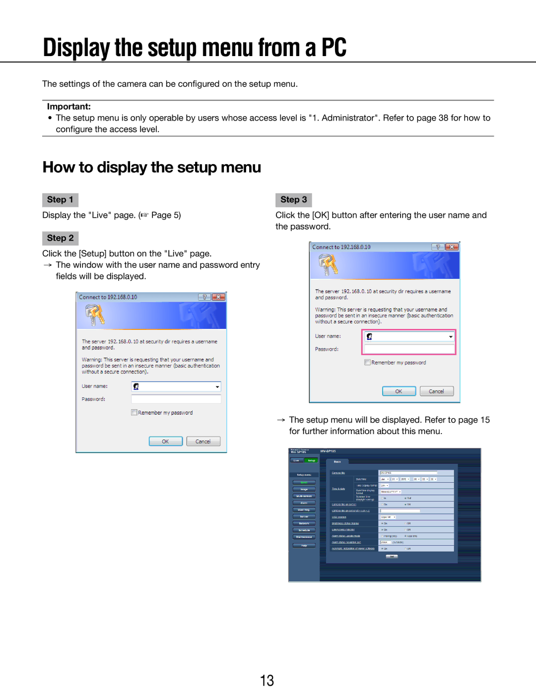 Panasonic WV-SP105E, WV-SP102E operating instructions Display the setup menu from a PC, How to display the setup menu 