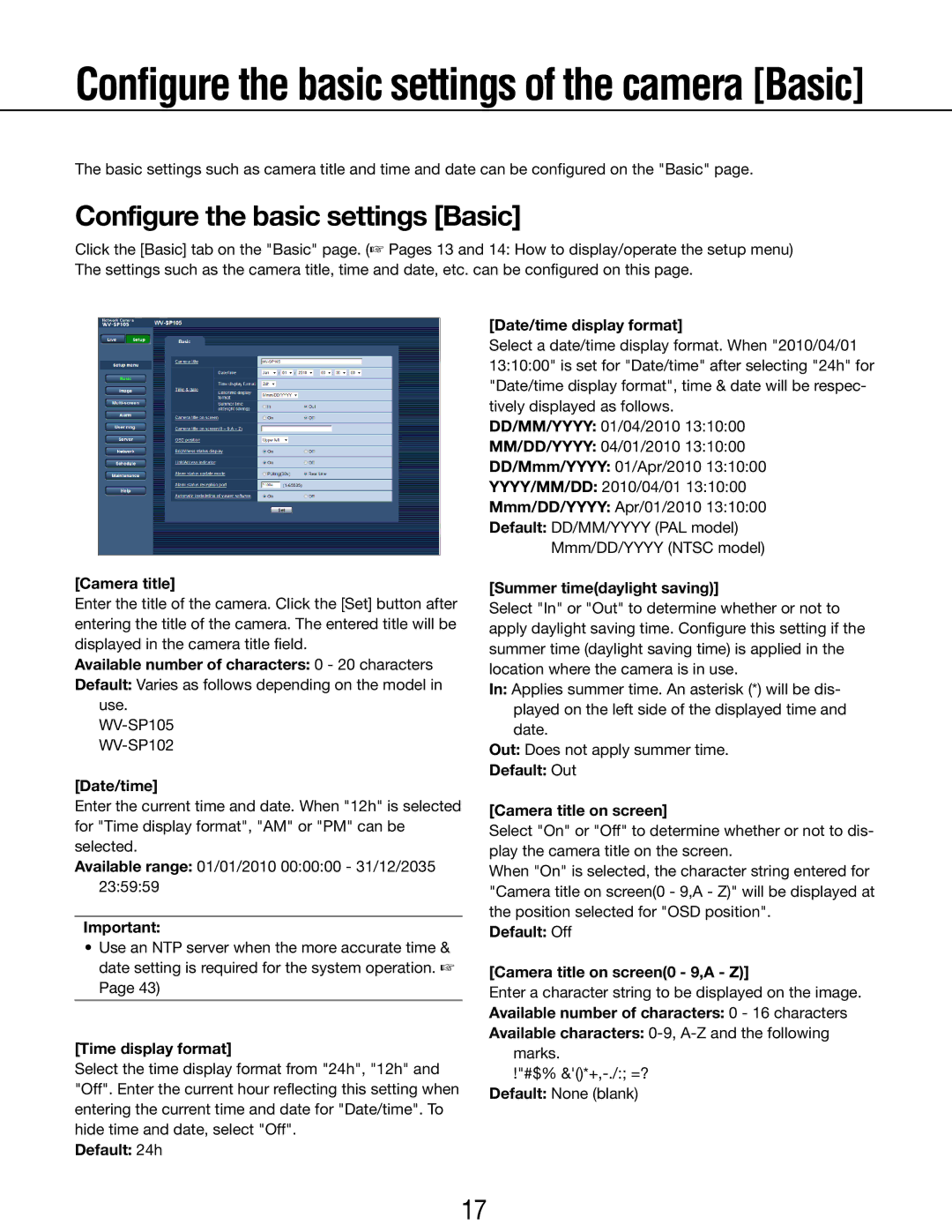 Panasonic WV-SP105E, WV-SP102E operating instructions Configure the basic settings Basic 