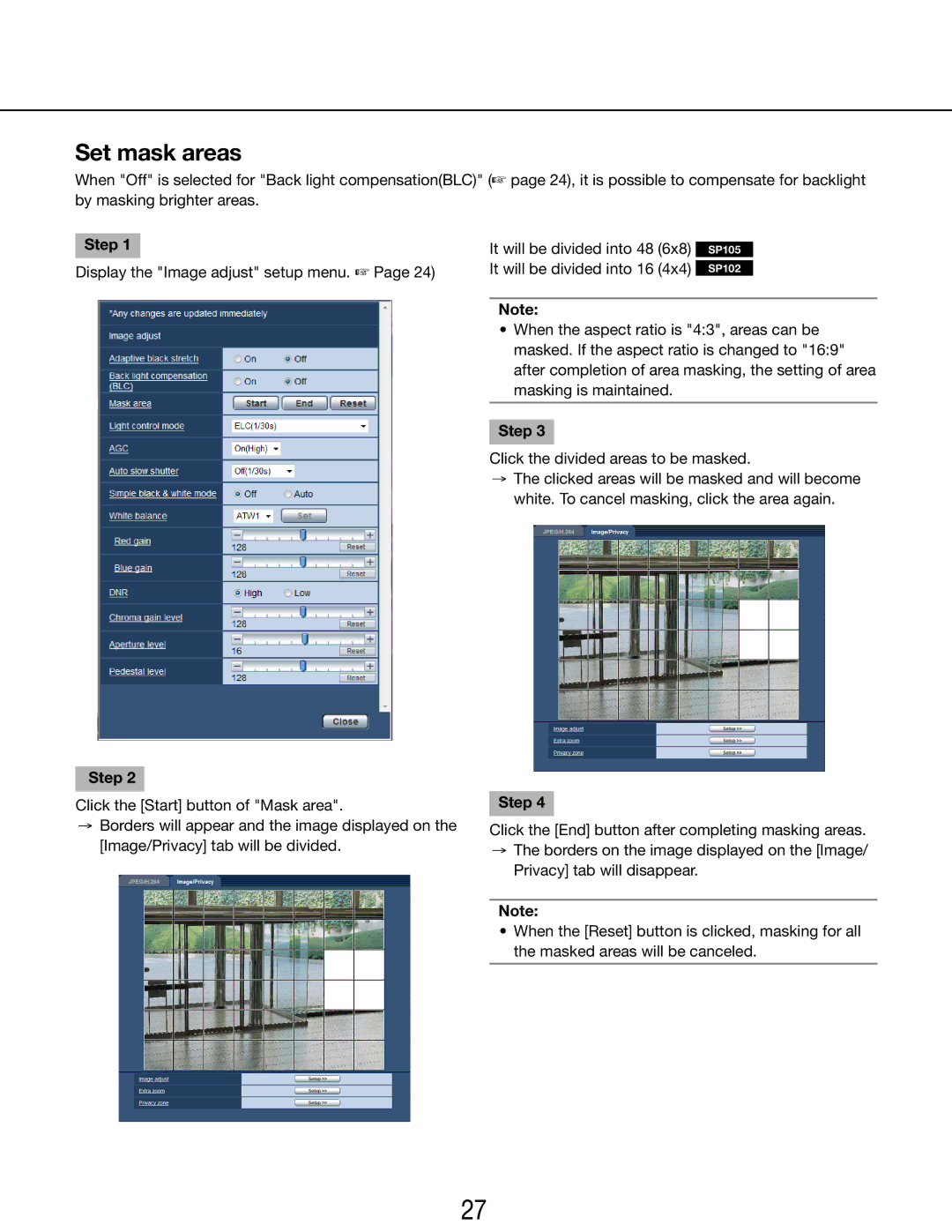 Panasonic WV-SP102E, WV-SP105E operating instructions Set mask areas 