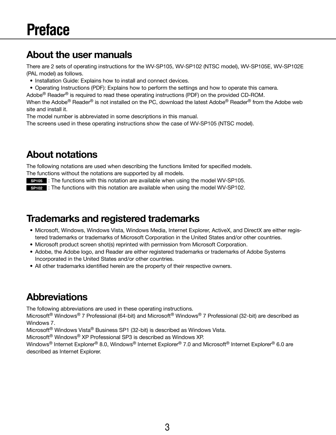 Panasonic WV-SP102E, WV-SP105E Preface, About notations, Trademarks and registered trademarks, Abbreviations 