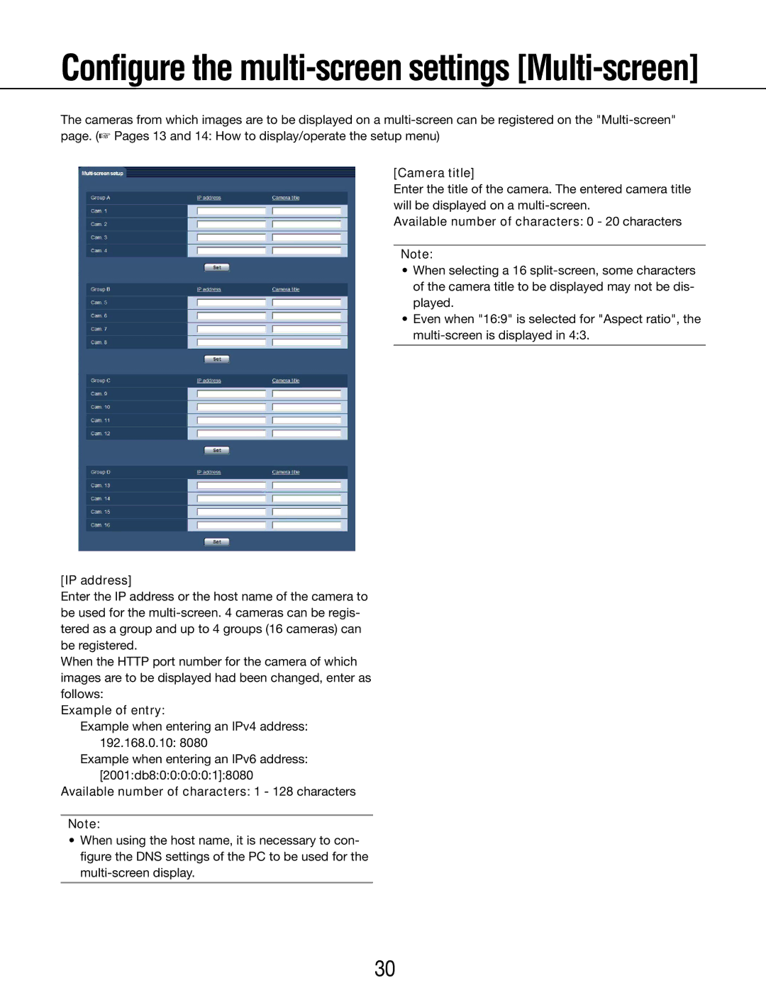 Panasonic WV-SP105E, WV-SP102E IP address, Example of entry, Available number of characters 1 128 characters 