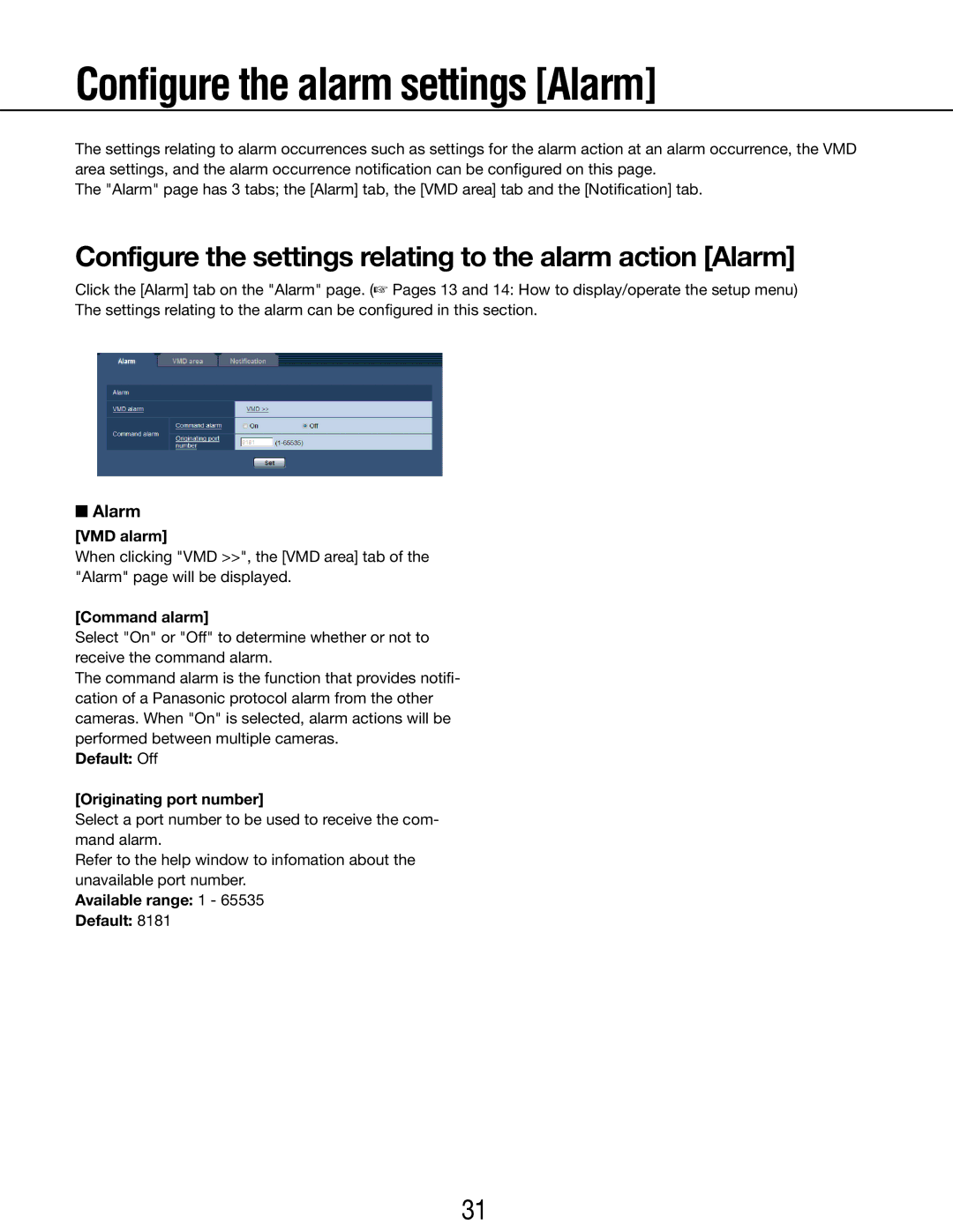 Panasonic WV-SP102E Configure the alarm settings Alarm, Configure the settings relating to the alarm action Alarm 