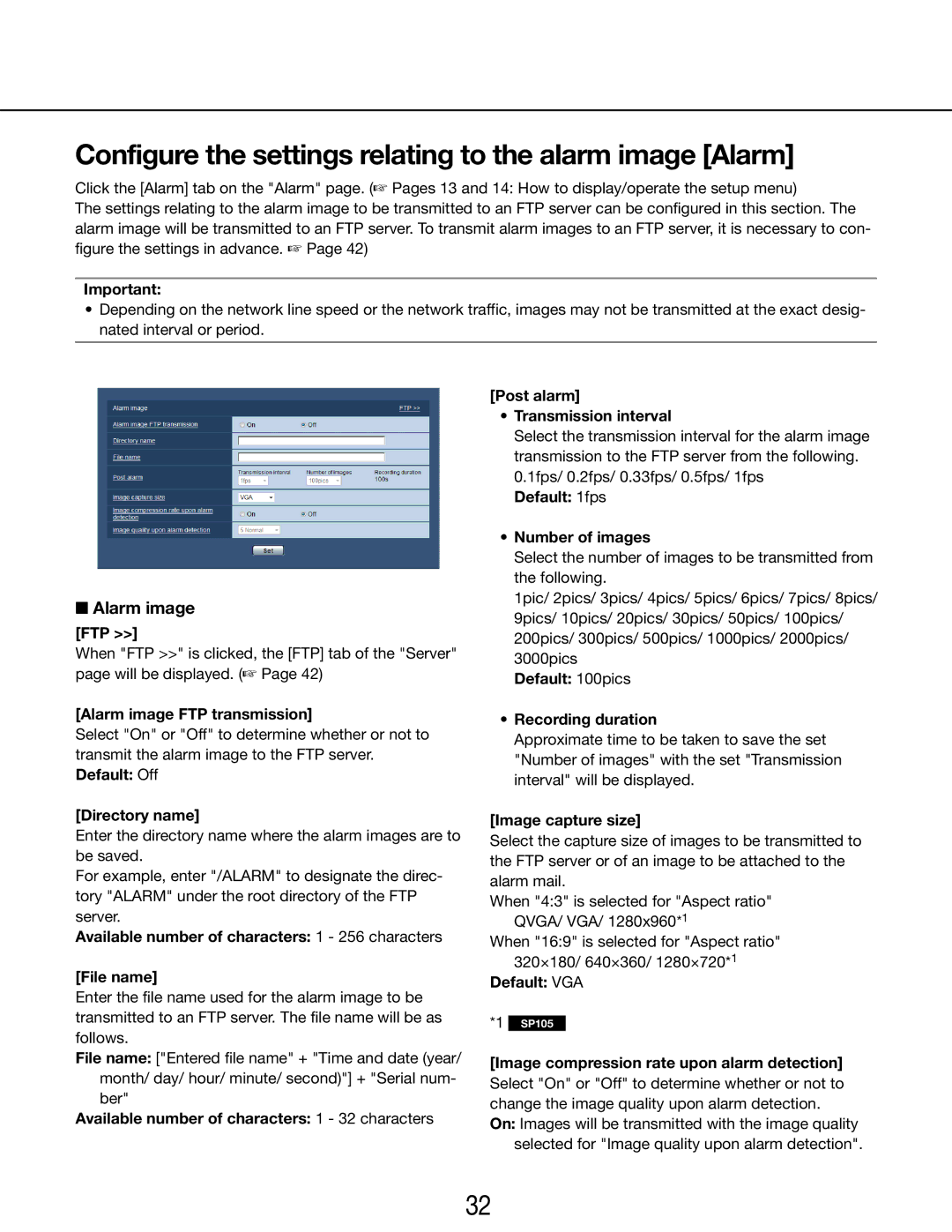 Panasonic WV-SP105E, WV-SP102E Configure the settings relating to the alarm image Alarm, Alarm image 