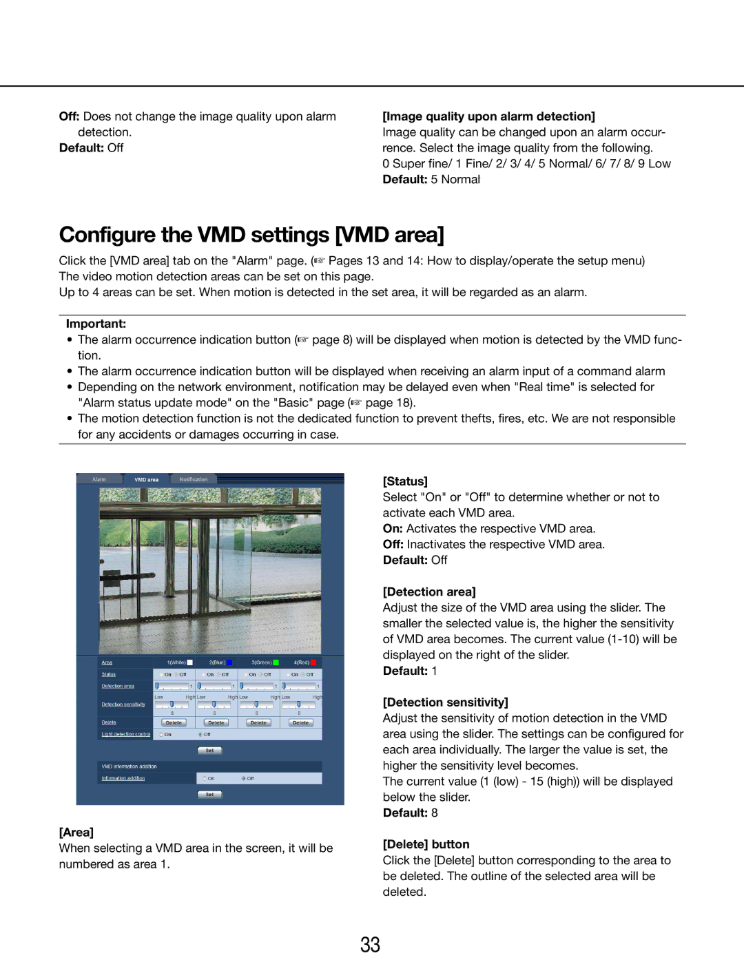 Panasonic WV-SP105E, WV-SP102E operating instructions Configure the VMD settings VMD area 