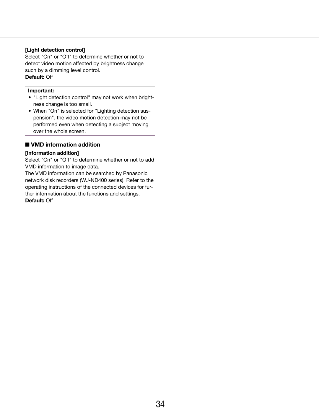 Panasonic WV-SP105E, WV-SP102E VMD information addition, Light detection control, Information addition 