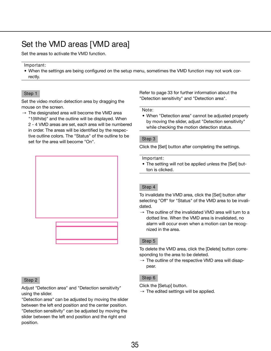 Panasonic WV-SP102E, WV-SP105E operating instructions Set the VMD areas VMD area, Step 