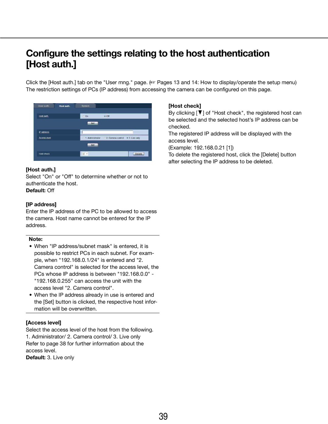 Panasonic WV-SP102E, WV-SP105E operating instructions Host check, Host auth, Default Off IP address 