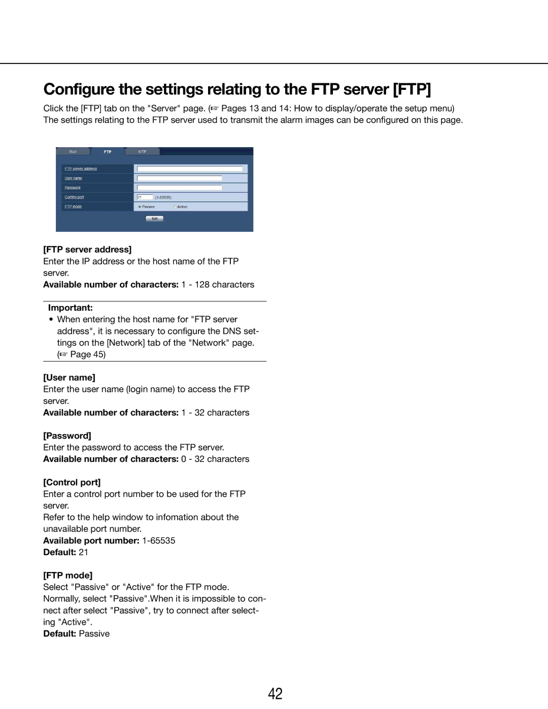 Panasonic WV-SP105E, WV-SP102E operating instructions Configure the settings relating to the FTP server FTP 