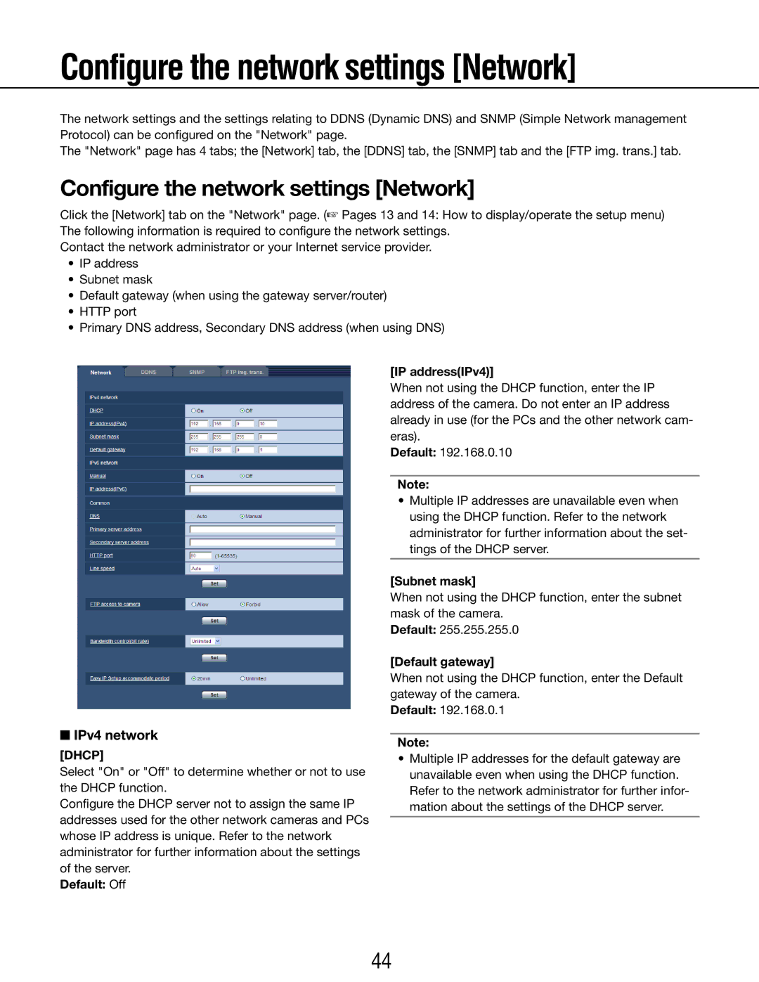 Panasonic WV-SP105E, WV-SP102E operating instructions Configure the network settings Network, IPv4 network 